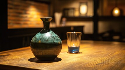 Poster - Elegant sauce jar with a green hue on a wooden table featuring a tea glass softly illuminated in a cozy interior setting