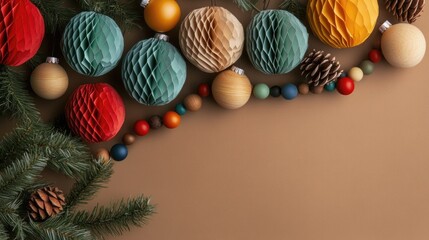 Aufkleber - Scandinavian Christmas honeycomb ornaments and wooden bead garland on brown background festive flat lay seasonal decorations