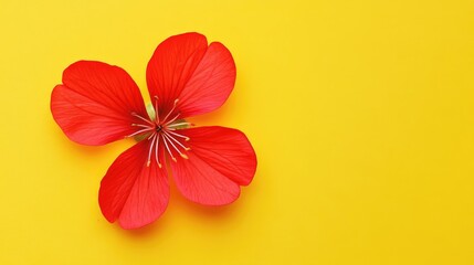 Aufkleber - Red flower on vibrant yellow background in a minimalist flat lay style highlighting natural beauty and simplicity.
