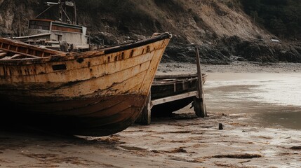 Naklejka na meble Derelict fishing boats resting at low tide by a weathered pier in a tranquil harbor setting with scenic coastal views.