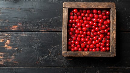 Aufkleber - Red rowanberries in a rustic wooden box on a dark wooden surface with ample space for text or design elements above the berries