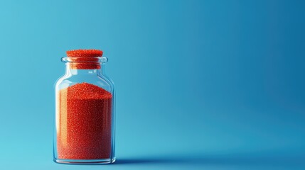 Poster - Red sand in a transparent glass bottle positioned on a vibrant blue background for creative and artistic compositions.