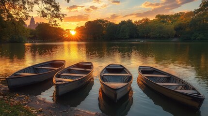 Aufkleber - Serene sunset over row boats at a tranquil lake in Central Park showcasing the beauty of nature and cityscape in New York City.