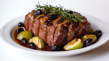 Aufkleber - Savory roast beef garnished with baked apples and olives elegantly presented on a white plate against a clean background.