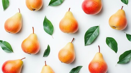 Poster - Fresh ripe pears and green leaves arranged artistically on a clean white background for a vibrant food photography concept.