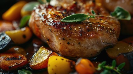 Aufkleber - Roasted pork with colorful vegetables featuring selective focus and garnished with herbs for a delicious presentation.