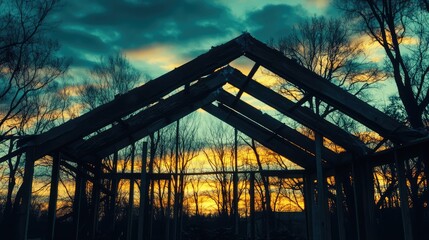 Poster - Silhouette of steel structure framework at construction site against dramatic sunset sky surrounded by trees