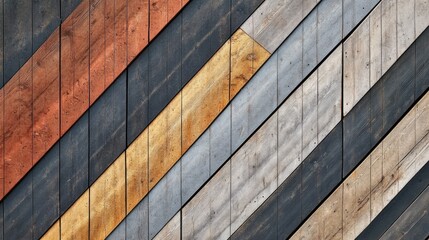 Poster - Wooden panel geometric pattern with natural light highlighting various colors and textures in diagonal stripes.