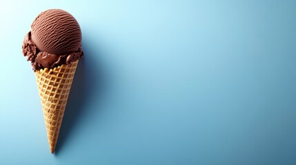 Poster - Chocolate ice cream in a waffle cone on a blue background perfect for dessert promotions and summer-themed designs.