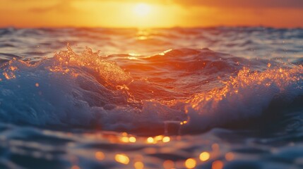 Poster - Serene sunset over ocean waves creating a tranquil atmosphere with shimmering reflections in warm hues.