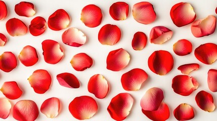 Leinwandbilder - Red rose petals elegantly scattered on a clean white background creating a romantic and serene floral composition.
