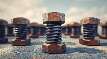 Steel bolts arranged in formation highlighting one prominent bolt in the center symbolizing leadership and strength in engineering applications.