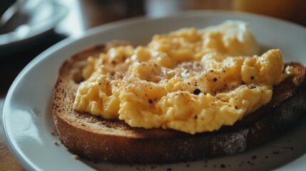 Poster - Scrambled eggs on toasted bread with pepper seasoning served on a white plate in a cozy breakfast setting
