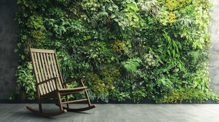 Poster - Lone rocking chair beside a vibrant vertical garden creating a serene indoor atmosphere of relaxation and nature.