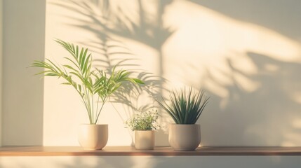 Aufkleber - Scandinavian interior with potted plants on shelf showcasing modern design and natural aesthetics in a bright home setting