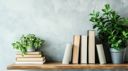 Poster - Scandinavian style wooden shelf with books and greenery creating a modern home interior atmosphere with space for text.