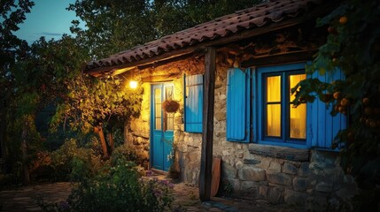 Poster - Charming rustic house with blue windows illuminated at dusk surrounded by nature in a peaceful village setting