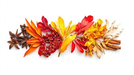 Poster - Vibrant collection of natural herbs and spices in red orange and yellow colors promoting healthy cooking and vibrant cuisine on white background