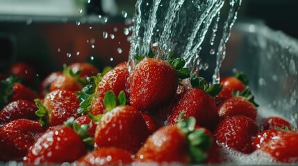 Aufkleber - Fresh ripe strawberries being rinsed under running water with selective focus on droplets and vibrant colors.