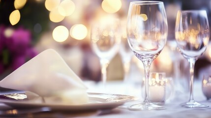 Aufkleber - Elegant restaurant table setting with blurred bokeh lights creating a warm ambiance for fine dining experience