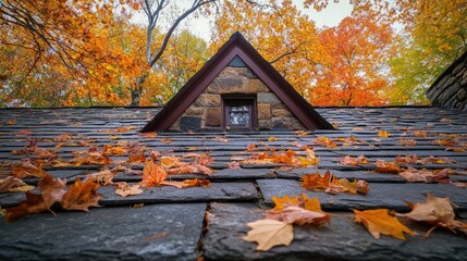 Poster - Autumn leaves on slate roof with colorful foliage above in serene seasonal landscape setting