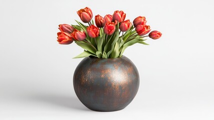 Poster - Elegant red tulip bouquet in a vintage aluminum vase on a clean white background showcasing spring freshness and vibrant color.