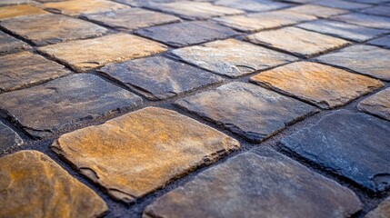 Poster - Granite cobblestone pavement texture in perspective close-up showcasing natural stone patterns and colors for abstract backgrounds.