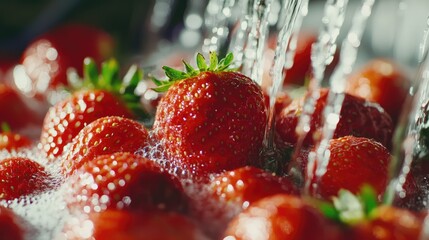 Aufkleber - Fresh ripe strawberries being rinsed under running water with selective focus highlighting their texture and freshness
