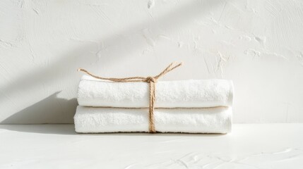 Aufkleber - Spa towels neatly rolled and tied with hemp rope on a minimalist white table showcasing elegance and tranquility in wellness settings