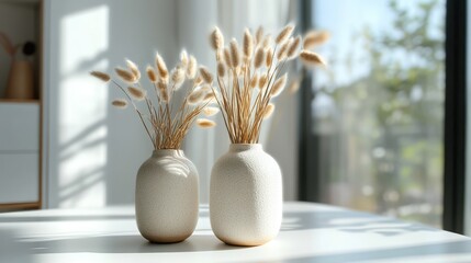 Poster - Scandinavian vase set with bunny tail grass casting sunlight shadows in a bright home interior aesthetic for decor inspiration
