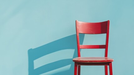 Aufkleber - Red wooden chair with shadow on light blue background showcasing minimalist design and vibrant colors for modern decor themes.