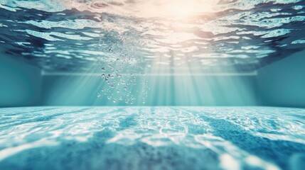 Poster - Underwater view of clear swimming pool water with sun rays illuminating the surface and bubbles rising for a refreshing backdrop