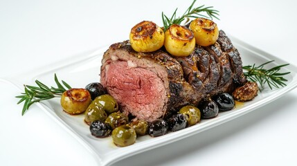 Aufkleber - Roast beef garnished with baked apples green and black olives served on a white plate against a clean white background