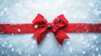 Poster - Red bow on fresh snow background with falling snowflakes creating a festive winter atmosphere and seasonal charm