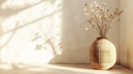 Leinwandbilder - Inviting Rustic Cafe Interior with Wicker Vase and Dried Flowers in Warm Minimalist Setting Natural Light and Soft Shadows Create Atmosphere