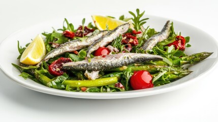 Aufkleber - Fresh salad with anchovies and asparagus garnished with cherry tomatoes and lemon wedges on a white background