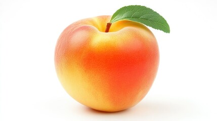 Leinwandbilder - Fresh ripe peach with a green leaf isolated on a clean white background showcasing vibrant colors and natural texture.