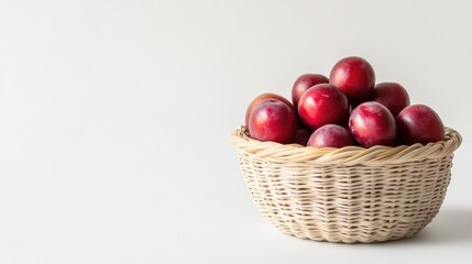 Poster - Ripe plums in a woven basket displayed on a clean white background showcasing fresh and vibrant fruit for culinary use