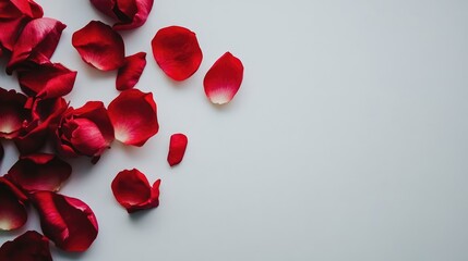 Aufkleber - Scattered red rose petals elegantly arranged on a soft white background creating a romantic and calm atmosphere for various designs