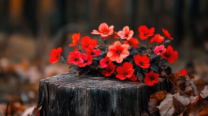 Aufkleber - Vibrant red flowers blooming on a weathered tree stump in a serene outdoor setting during autumn season