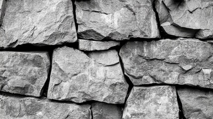 Poster - Aged gray stone wall texture showcasing architectural structure and natural design elements in a monochrome presentation