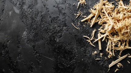 Wood shavings scattered on dark concrete surface creating a textured backdrop in a professional carpentry workshop setting