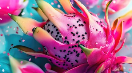 Poster - Vibrant fresh dragon fruit showcasing its unique texture and colors against a bright background, emphasizing its tropical appeal.