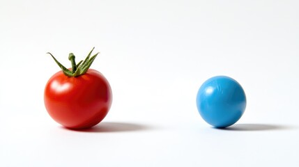 Poster - Red tomato next to blue object on white background showcasing contrasting colors and shapes in a minimalist composition.