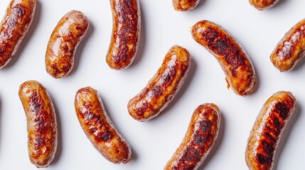Poster - Sizzling grilled sausages arranged artfully on a clean white background showcasing their delicious golden-brown texture and savory appeal.