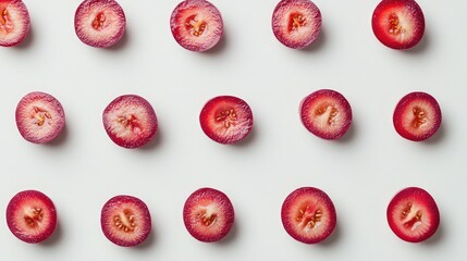Leinwandbilder - Sliced red grapes arranged neatly on a white background showcasing their vibrant color and texture