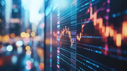 Poster - Currency trading chart displaying profit indicators and market trends with a blurred urban background in a vibrant investment setting.
