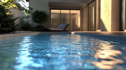 Poster - Modern swimming pool with serene water reflections beside a contemporary house surrounded by lush greenery and natural light.