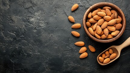 Poster - Almonds in a wooden bowl on a dark stone surface with scattered nuts and a wooden spoon showcasing natural healthy snacks.