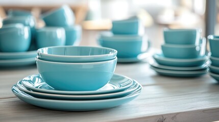 Aufkleber - Vintage blue dinnerware set arranged on a wooden table with a contemporary design showcasing selective focus and soft background bokeh.